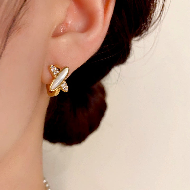 14K Gold-Plated Zircon Cross Mother-Of-Pearl Earrings