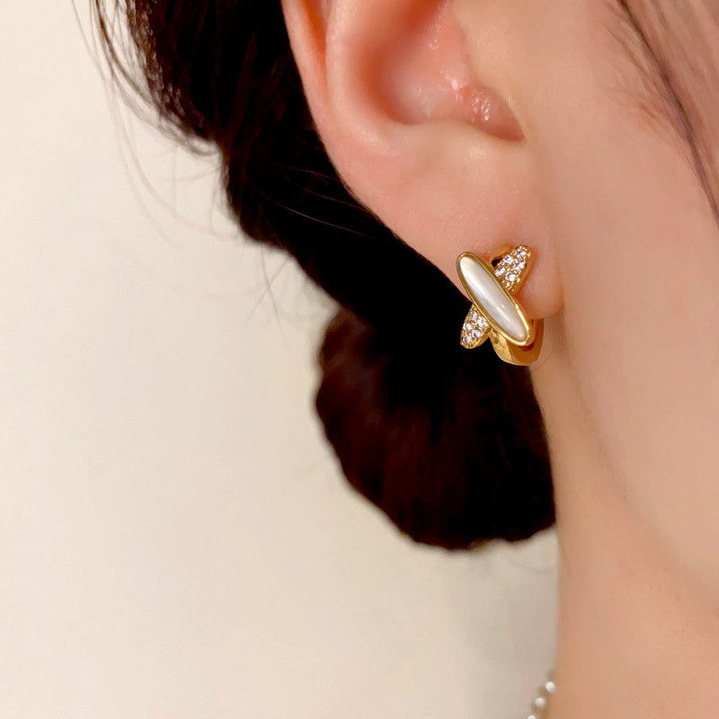 14K Gold-Plated Zircon Cross Mother-Of-Pearl Earrings