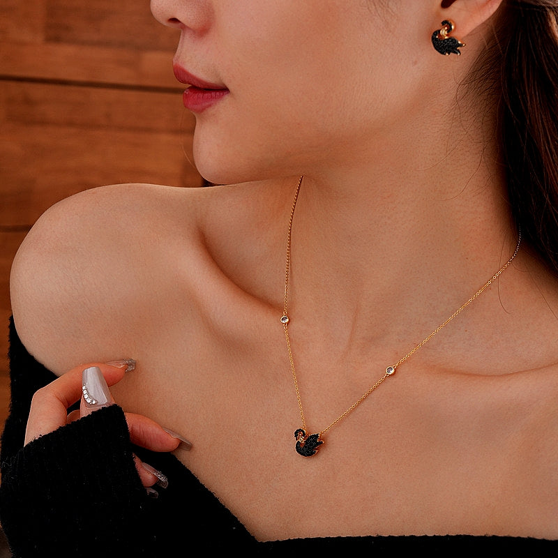 14K Gold-Plated Zircon Crown Black Swan Earring And Necklace Set