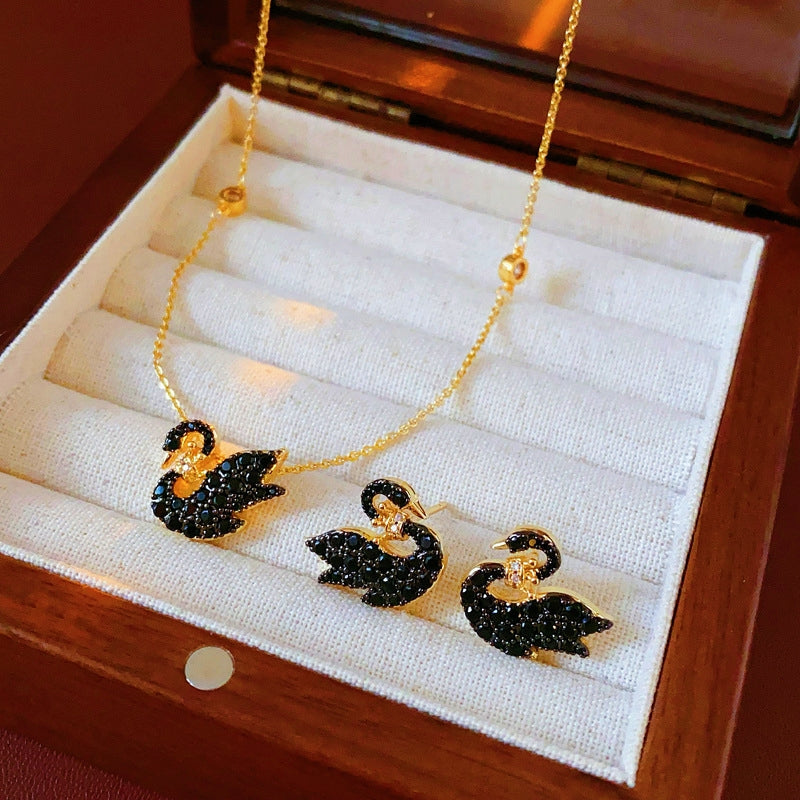 14K Gold-Plated Zircon Crown Black Swan Earring And Necklace Set