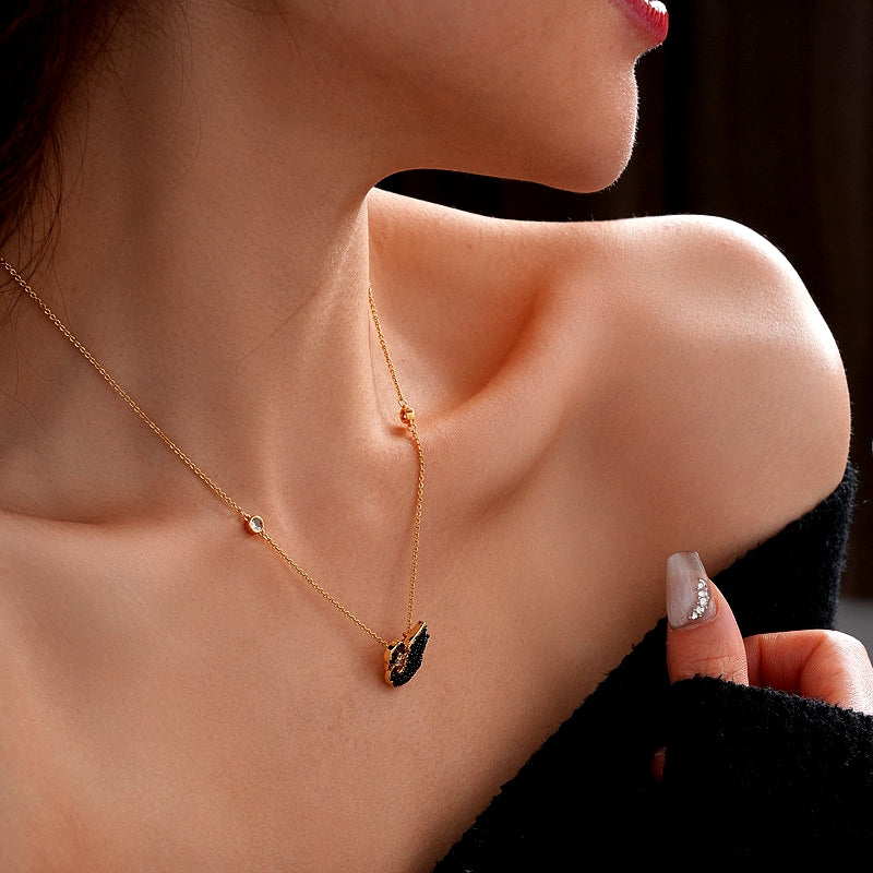 14K Gold-Plated Zircon Crown Black Swan Earring And Necklace Set