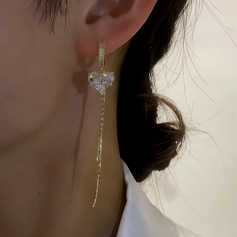 14K Gold-Plated Zircon Crystal Heart Tassel Earrings