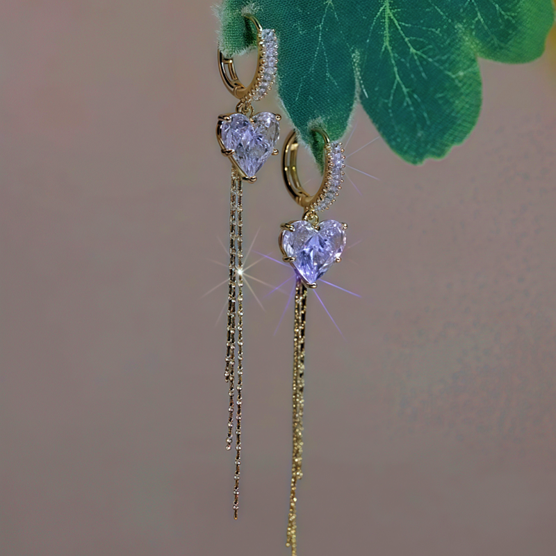 14K Gold-Plated Zircon Crystal Heart Tassel Earrings