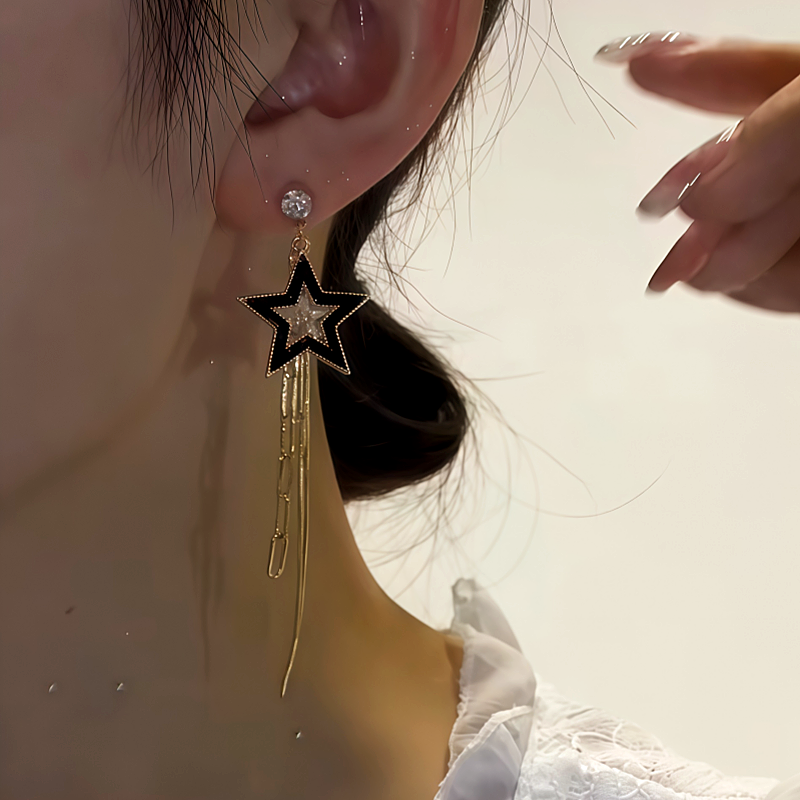 14K Gold-Plated Zircon Diamond Asymmetrical Five-Star Earrings