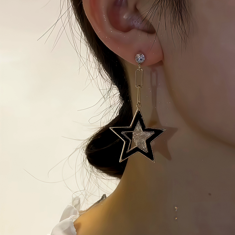14K Gold-Plated Zircon Diamond Asymmetrical Five-Star Earrings