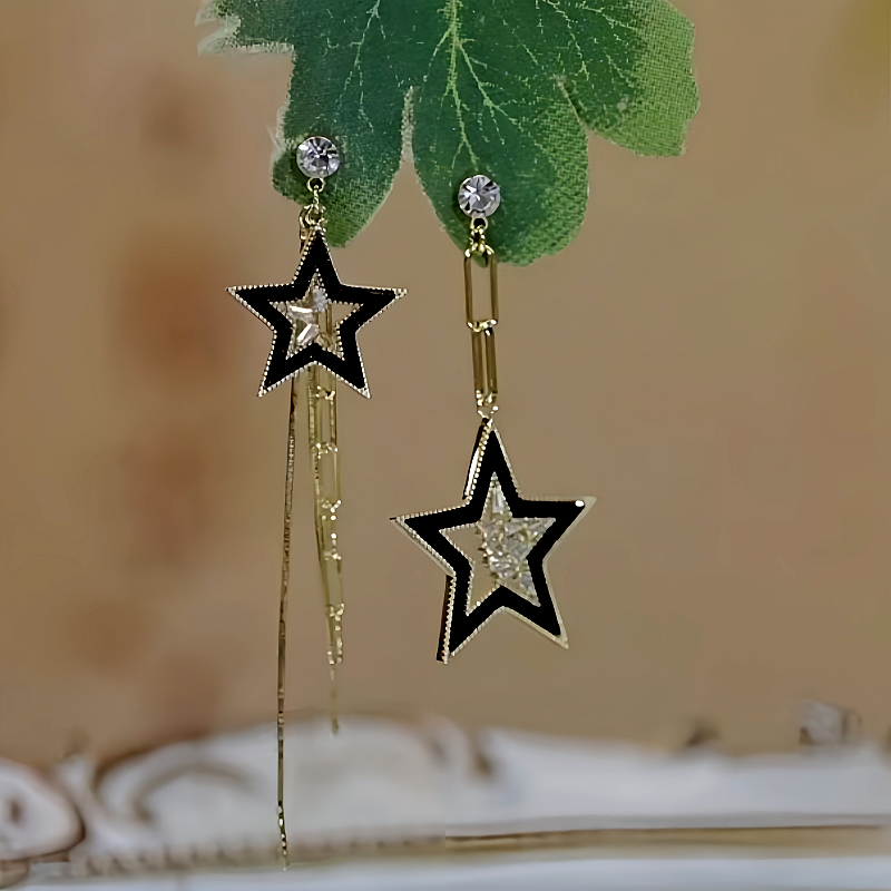 14K Gold-Plated Zircon Diamond Asymmetrical Five-Star Earrings