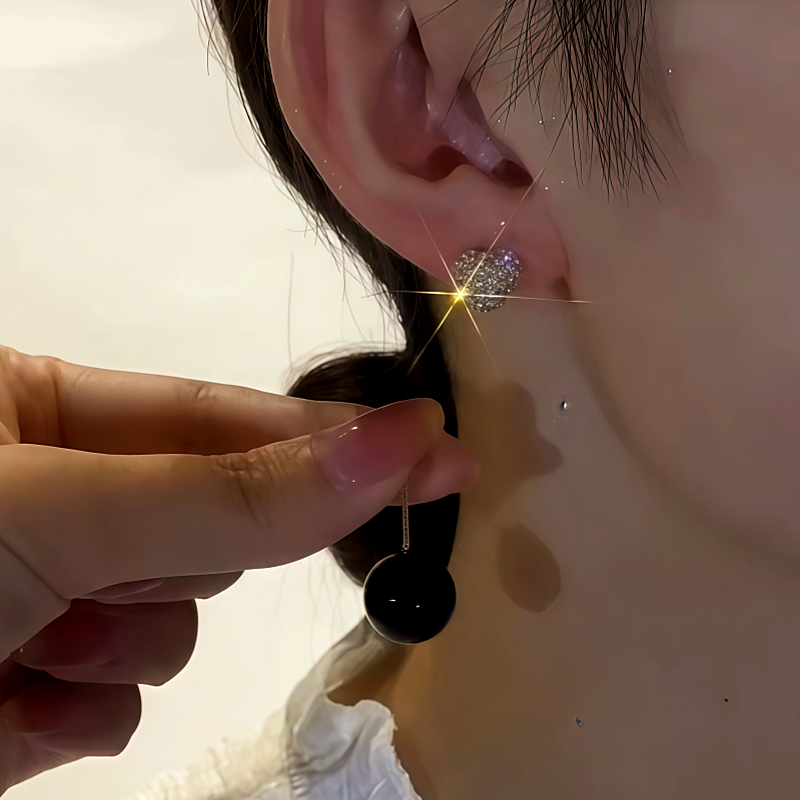 14K Gold-Plated Zircon Diamond Black Pearl Earrings