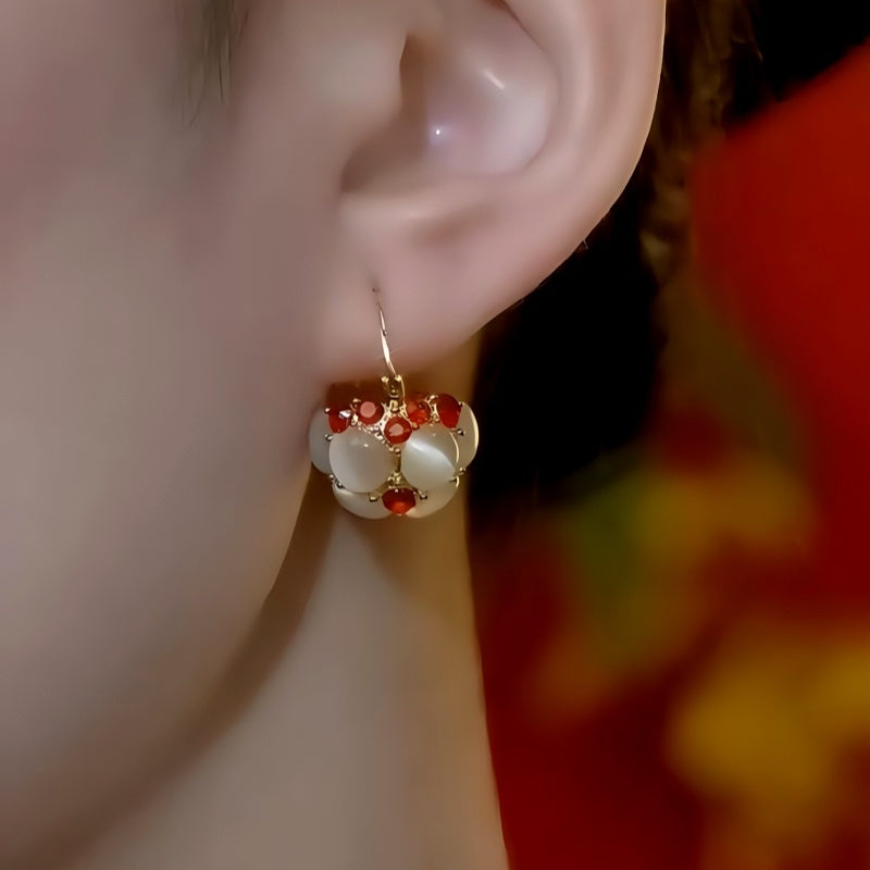 14K Gold-Plated 2025 Cat's Eye Stone Red Dimond Basket Earrings