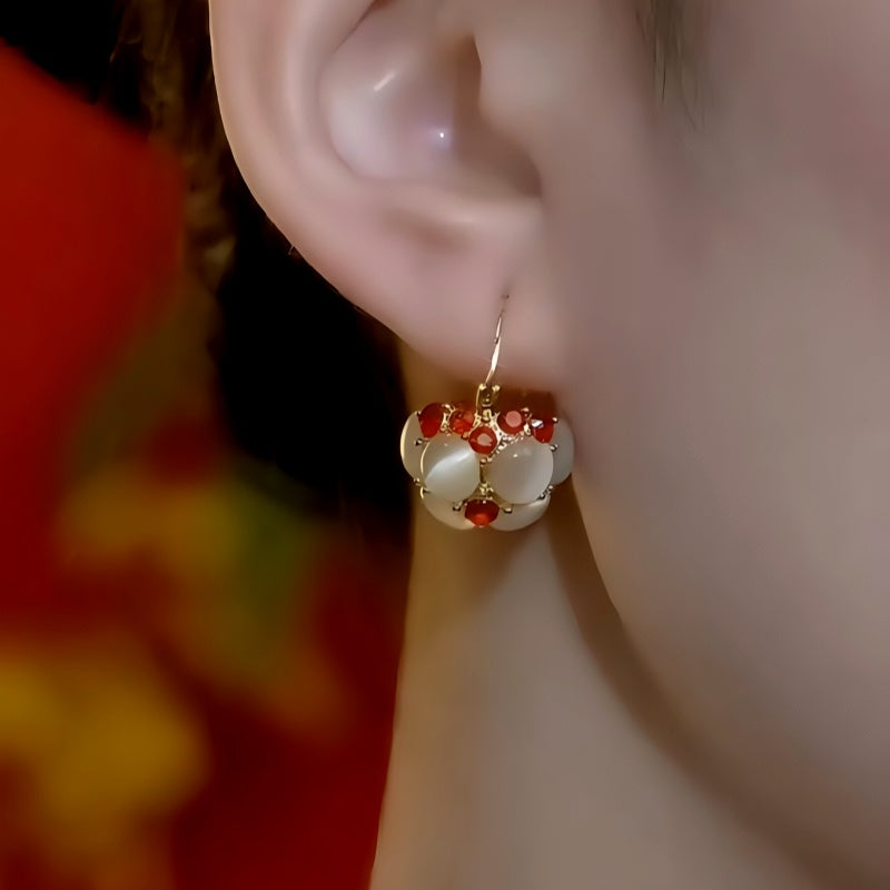 14K Gold-Plated 2025 Cat's Eye Stone Red Dimond Basket Earrings