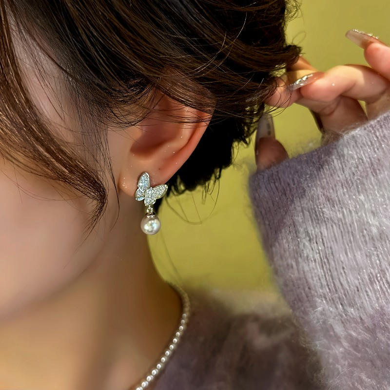 14K Gold-Plated Zircon Diamond Butterfly Bead Earrings