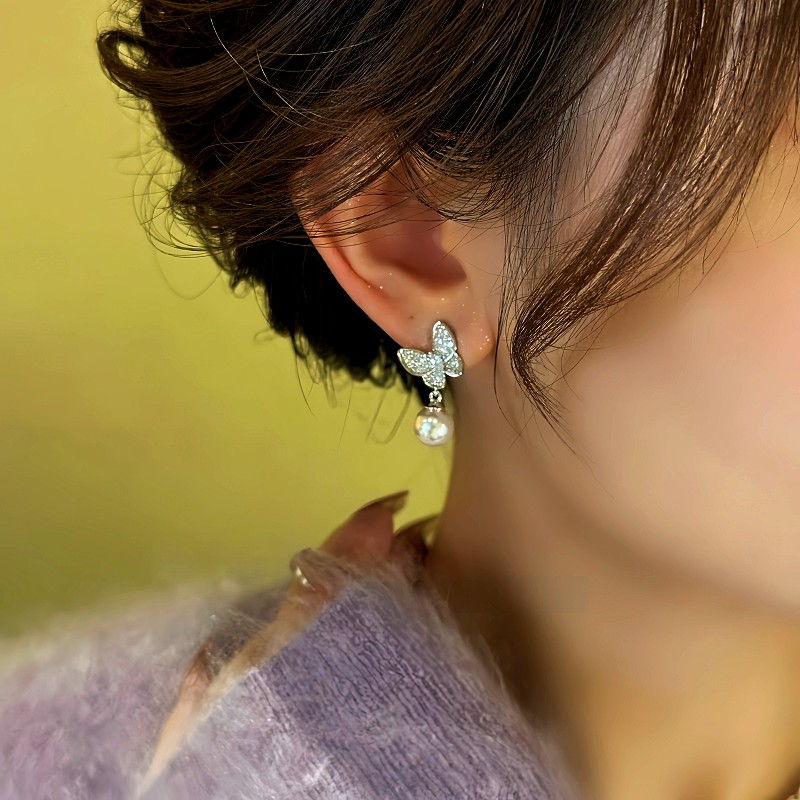 14K Gold-Plated Zircon Diamond Butterfly Bead Earrings