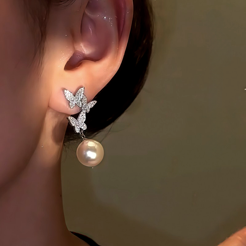 14K Gold-Plated Zircon Diamond Butterfly Tassel Earrings