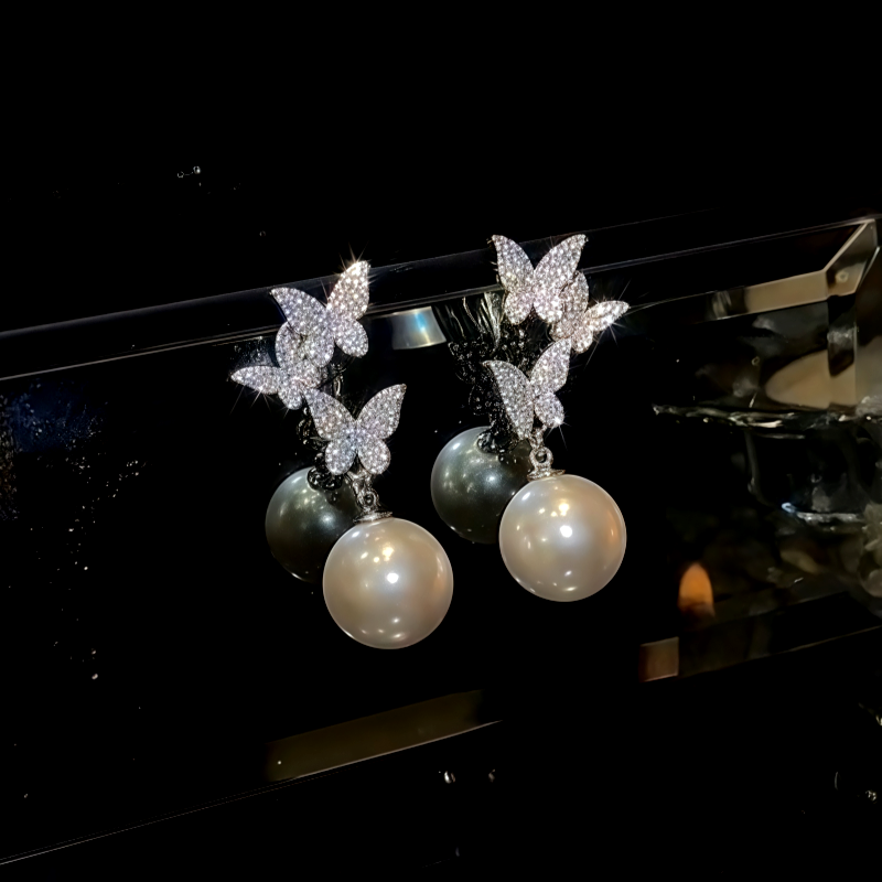 14K Gold-Plated Zircon Diamond Butterfly Tassel Earrings