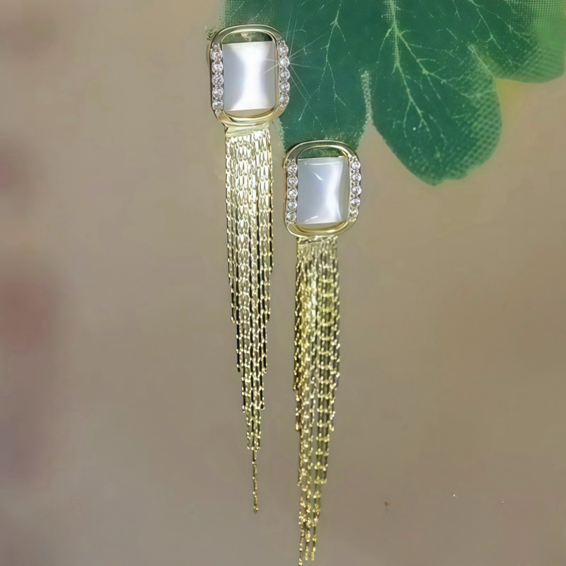 14K Gold-Plated Zircon Diamond Cat's Eye Stone Tassel Earrings
