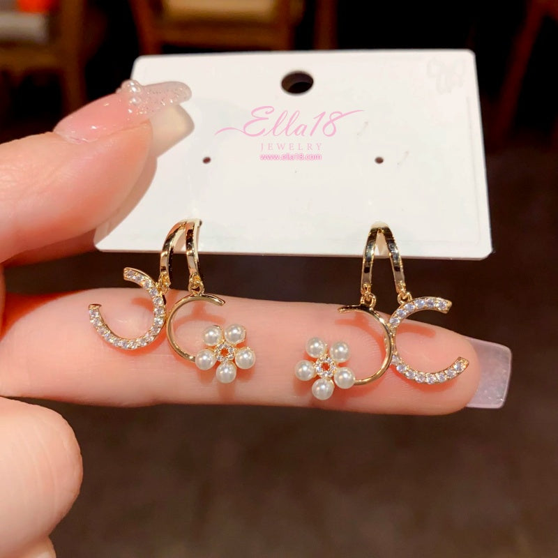 14K Gold-Plated Zircon Diamond Double-C Flower Pearl Earrings