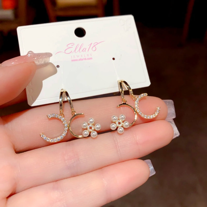 14K Gold-Plated Zircon Diamond Double-C Flower Pearl Earrings