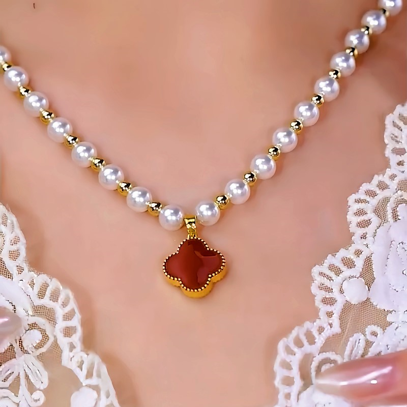 14K Gold-Plated Zircon Diamond Four-Leaf Clover Double-Sided Pearl Necklace