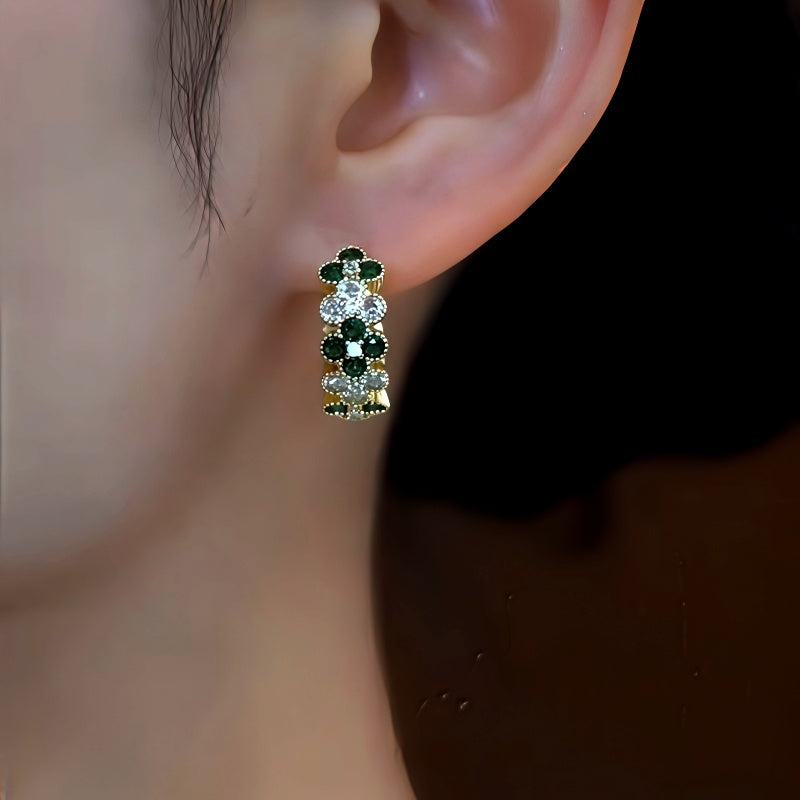 14K Gold-Plated Zircon Diamond Four-Leaf Flower Hoop Earrings