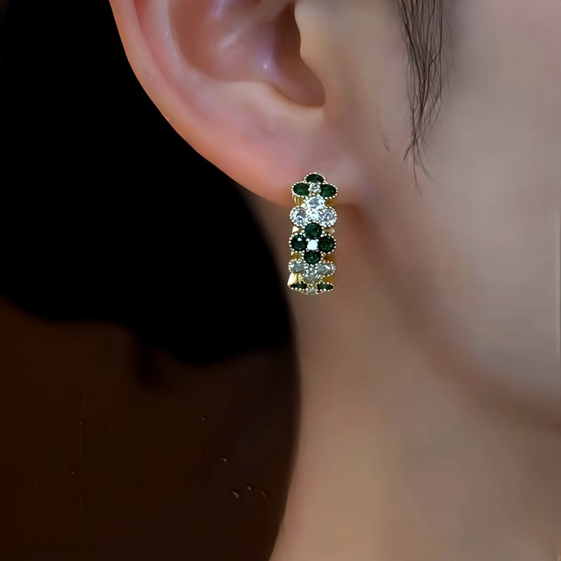 14K Gold-Plated Zircon Diamond Four-Leaf Flower Hoop Earrings