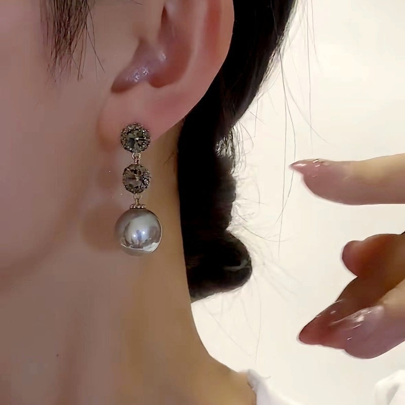 14K Gold-Plated Zircon Diamond Gray Pearl Earrings