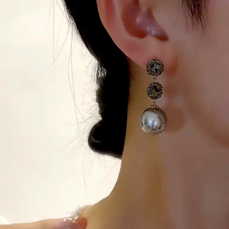 14K Gold-Plated Zircon Diamond Gray Pearl Earrings