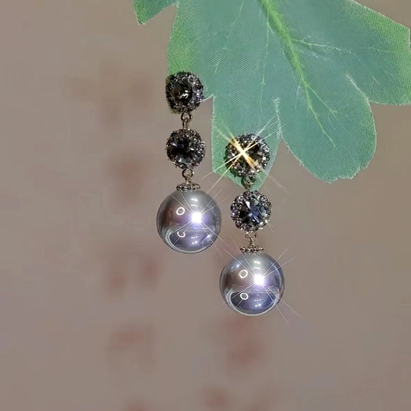 14K Gold-Plated Zircon Diamond Gray Pearl Earrings