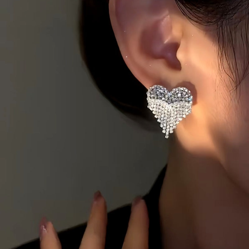 14K Gold-Plated Zircon Diamond Heart Tassel Earrings