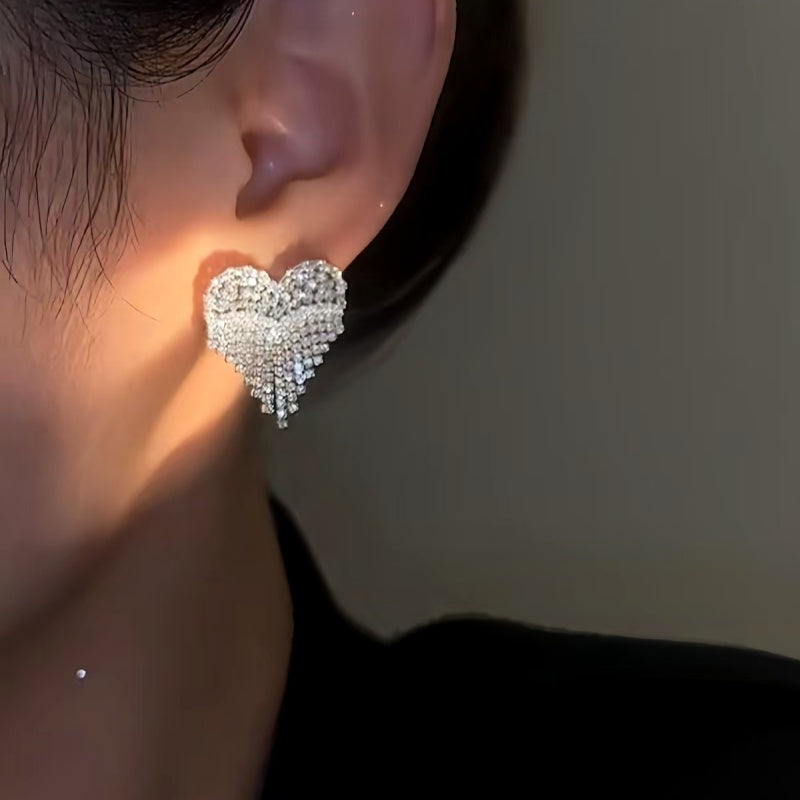 14K Gold-Plated Zircon Diamond Heart Tassel Earrings