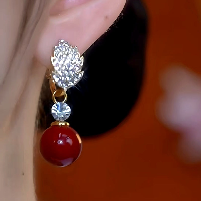 14K Gold-Plated Zircon Diamond Jade Leaf Bead Earrings