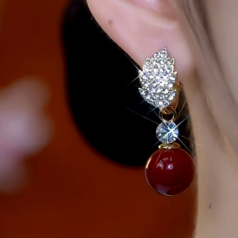 14K Gold-Plated Zircon Diamond Jade Leaf Bead Earrings