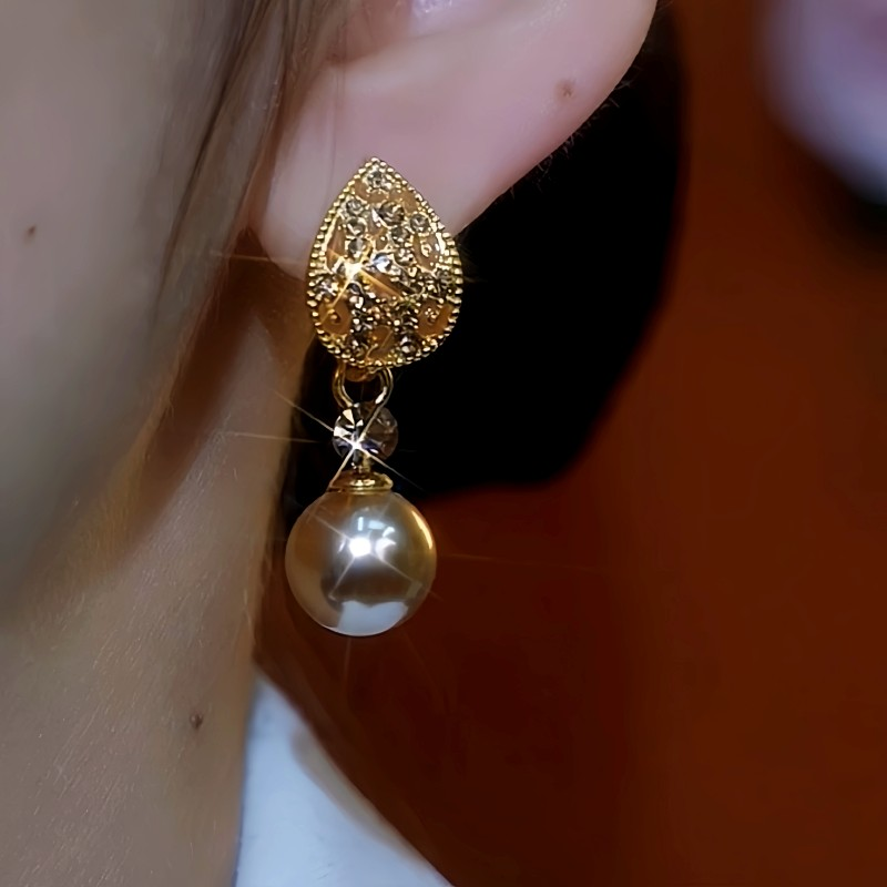 14K Gold-Plated Zircon Diamond Leaf Pearl Earrings