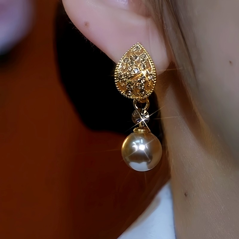 14K Gold-Plated Zircon Diamond Leaf Pearl Earrings