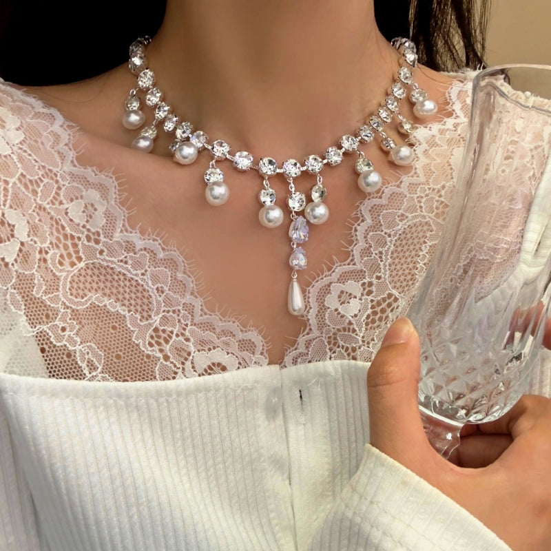 14K Gold-Plated Zircon Diamond Pearl Drop Necklace