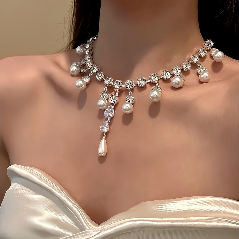 14K Gold-Plated Zircon Diamond Pearl Drop Necklace