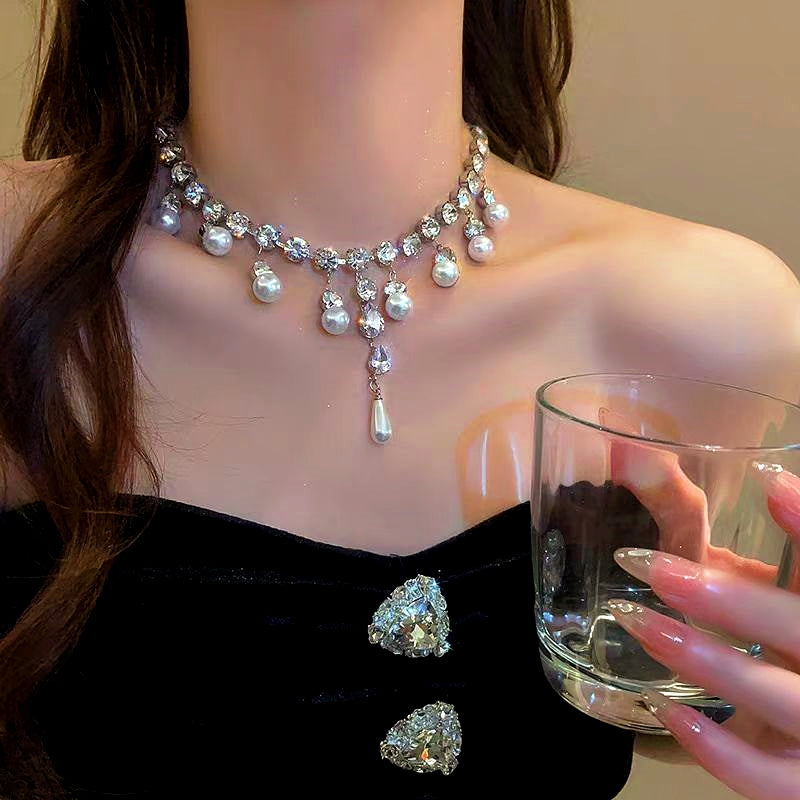 14K Gold-Plated Zircon Diamond Pearl Drop Necklace