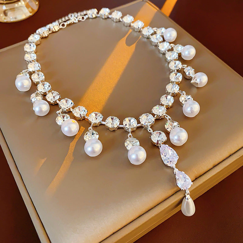 14K Gold-Plated Zircon Diamond Pearl Drop Necklace