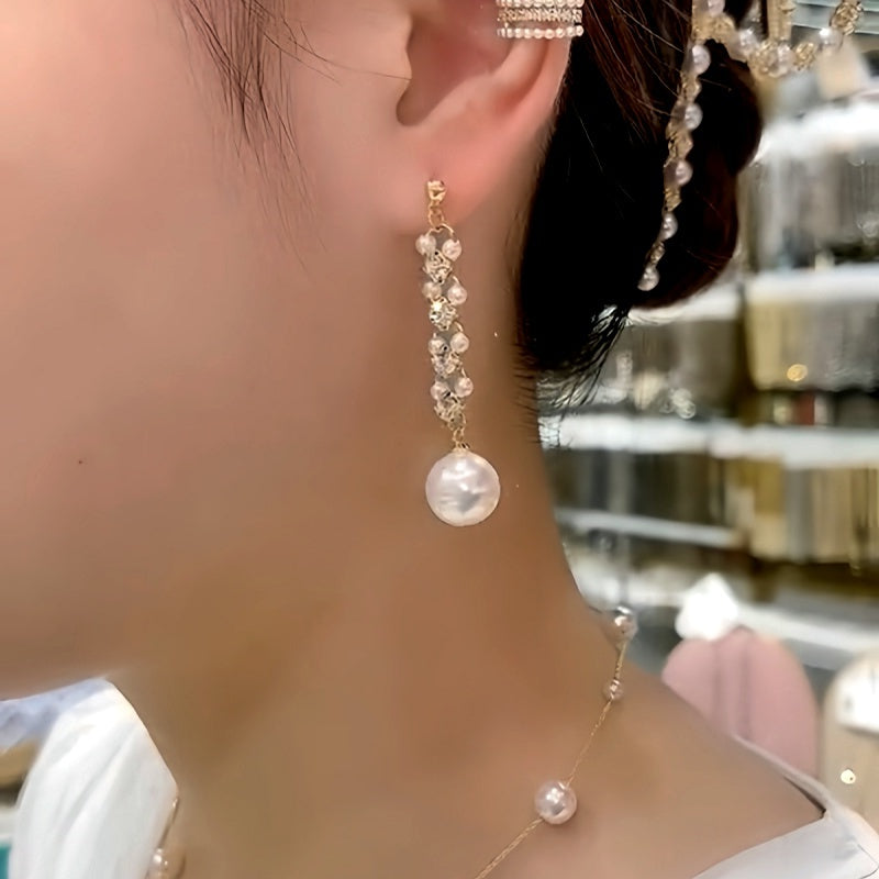 14K Gold-Plated Zircon Diamond Pearl Earrings