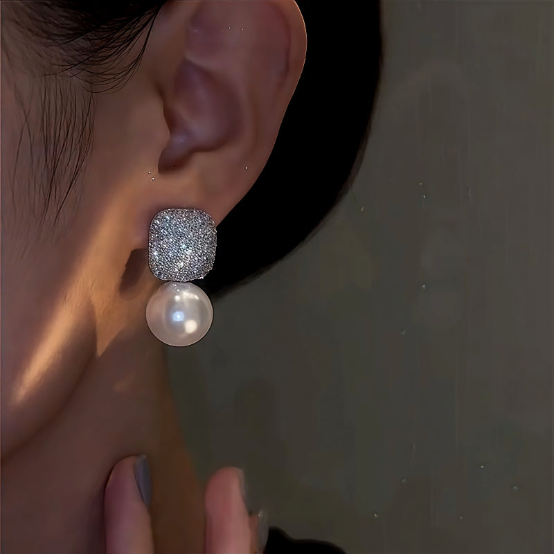 14K Gold-Plated Zircon Diamond Pearl Earrings