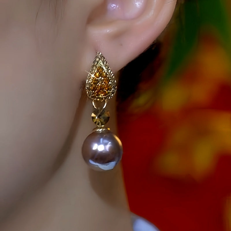 14K Gold-Plated Zircon Diamond Pearl Earrings