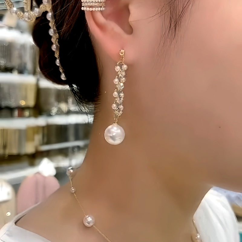 14K Gold-Plated Zircon Diamond Pearl Earrings
