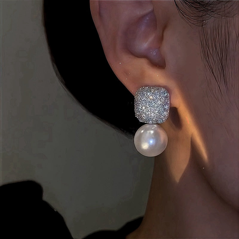 14K Gold-Plated Zircon Diamond Pearl Earrings