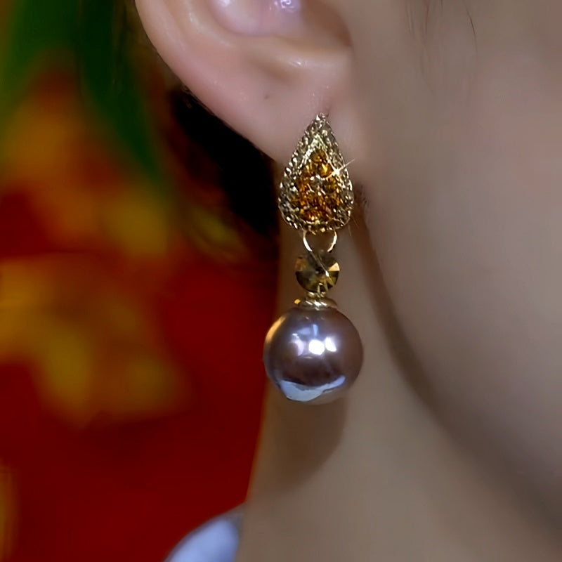 14K Gold-Plated Zircon Diamond Pearl Earrings