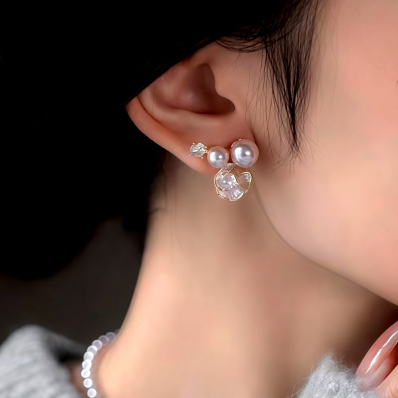 14K Gold-Plated Zircon Diamond Pearl Flower Earrings