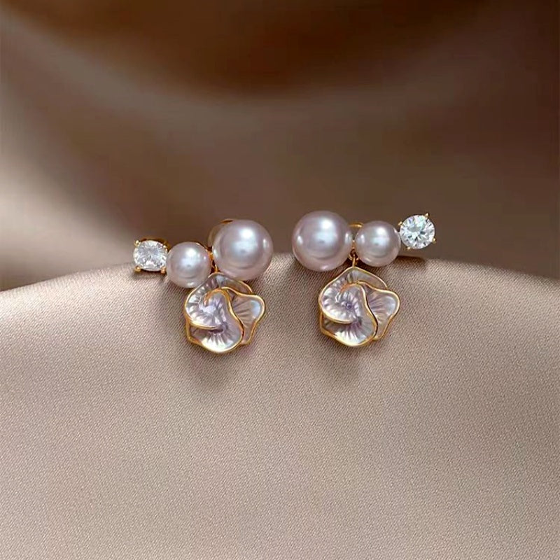 14K Gold-Plated Zircon Diamond Pearl Flower Earrings