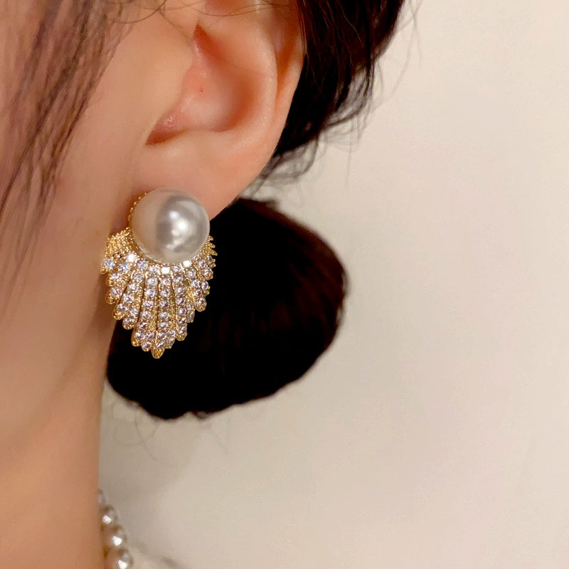 14K Gold-Plated Zircon Diamond Pearl Tassel Earrings