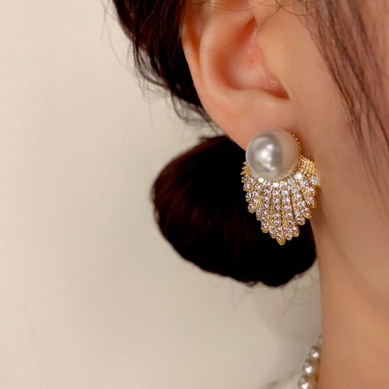 14K Gold-Plated Zircon Diamond Pearl Tassel Earrings