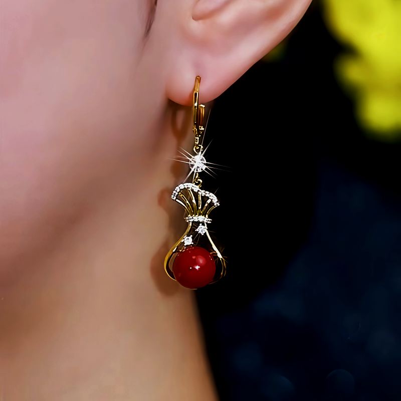 14K Gold-Plated Zircon Diamond Red Lucky Bag Earrings
