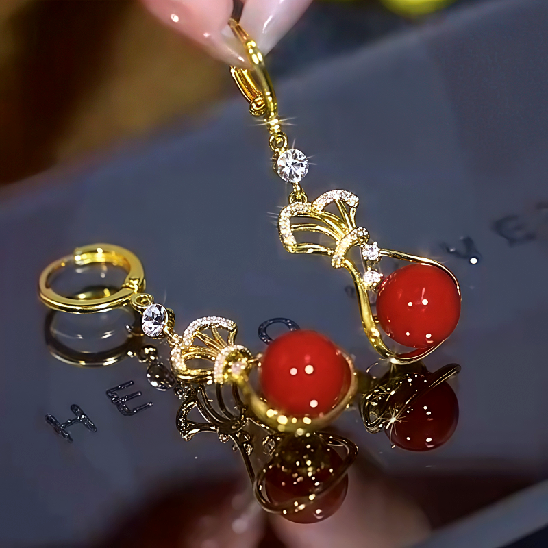 14K Gold-Plated Zircon Diamond Red Lucky Bag Earrings