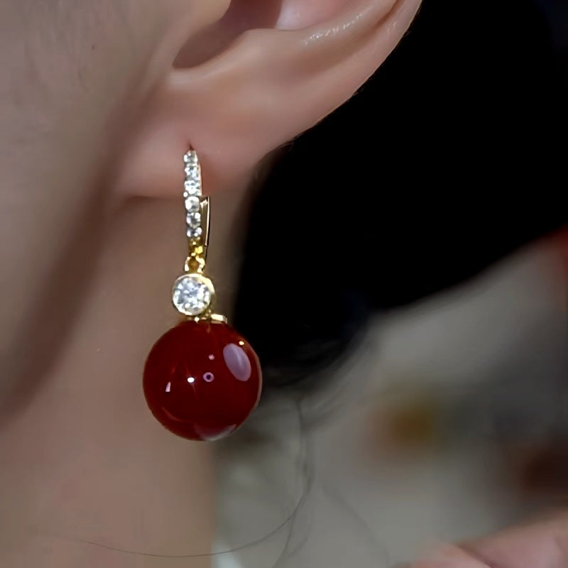 14K Gold-Plated Zircon Diamond Red Pearl Earrings
