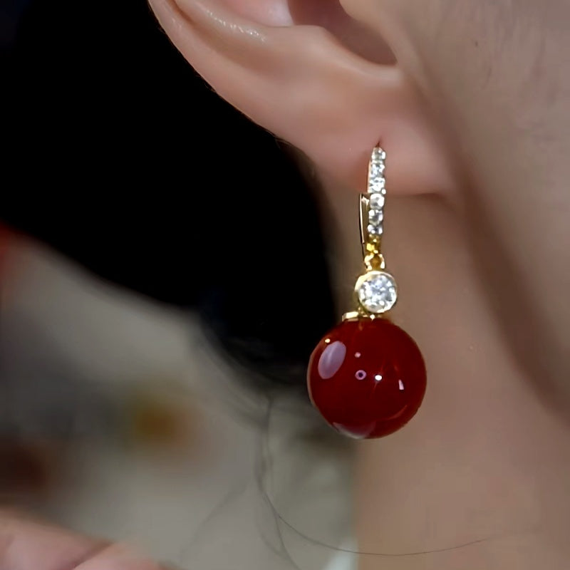 14K Gold-Plated Zircon Diamond Red Pearl Earrings